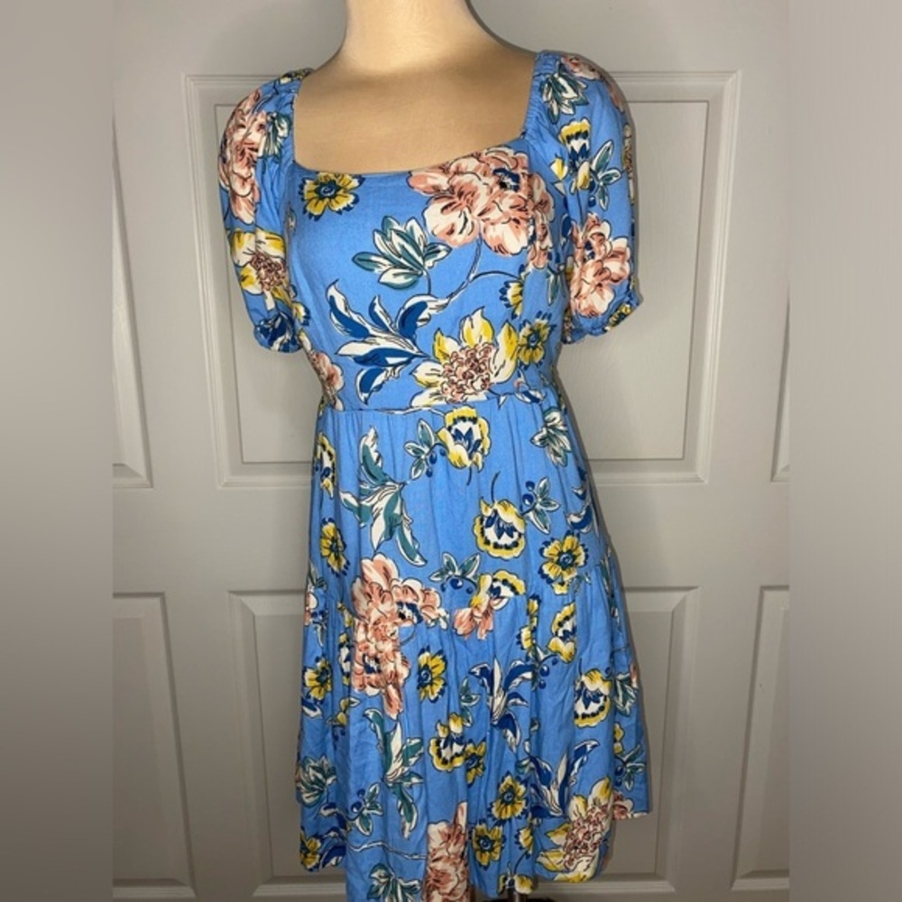 Japna Boho Floral Dress – Light Blue, Size Large, 100% Rayon, Spring Summer